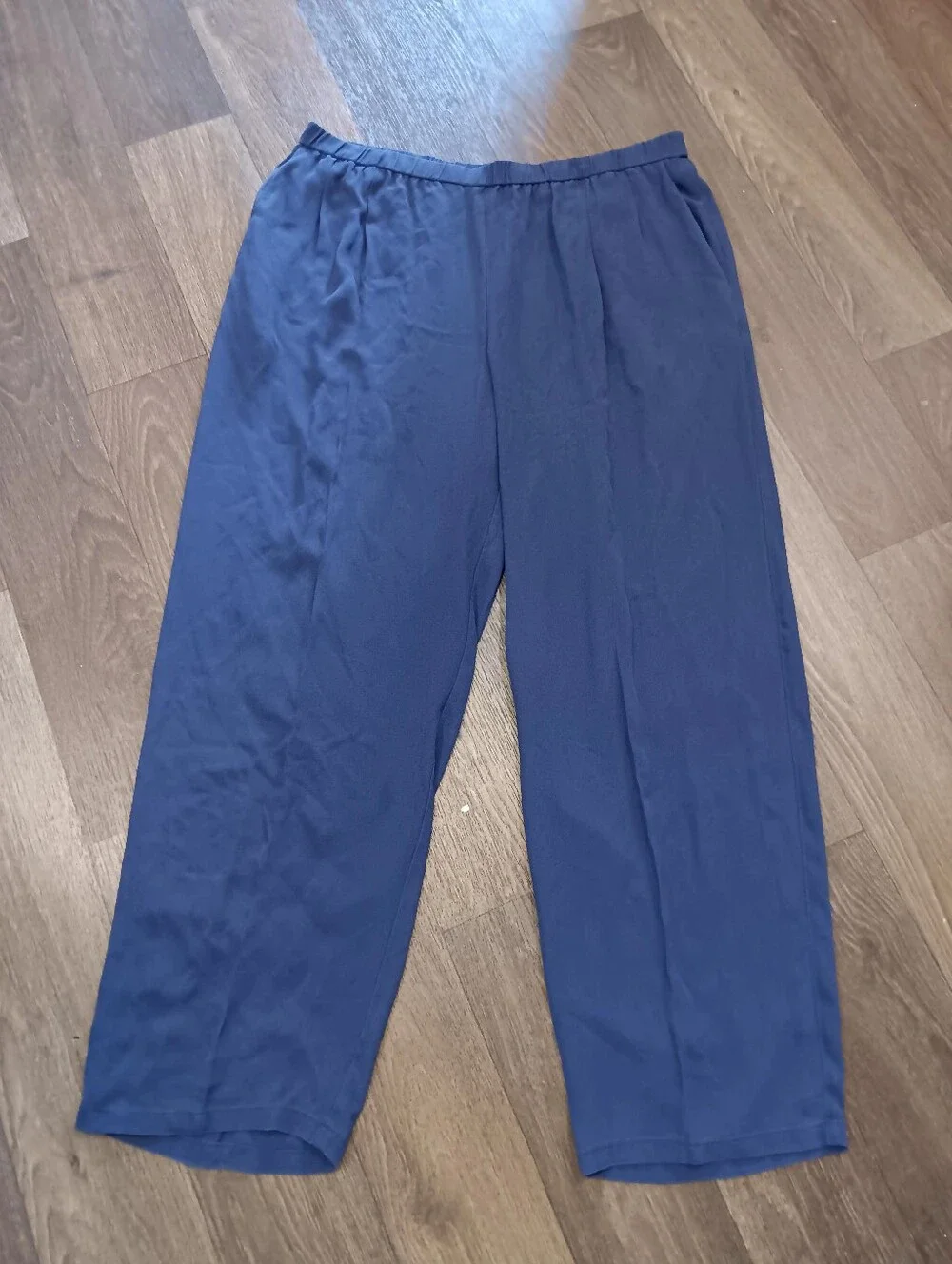 Eileen Fisher Navy Elastic-Waist Wide-Leg Pants 100%silk Sz L